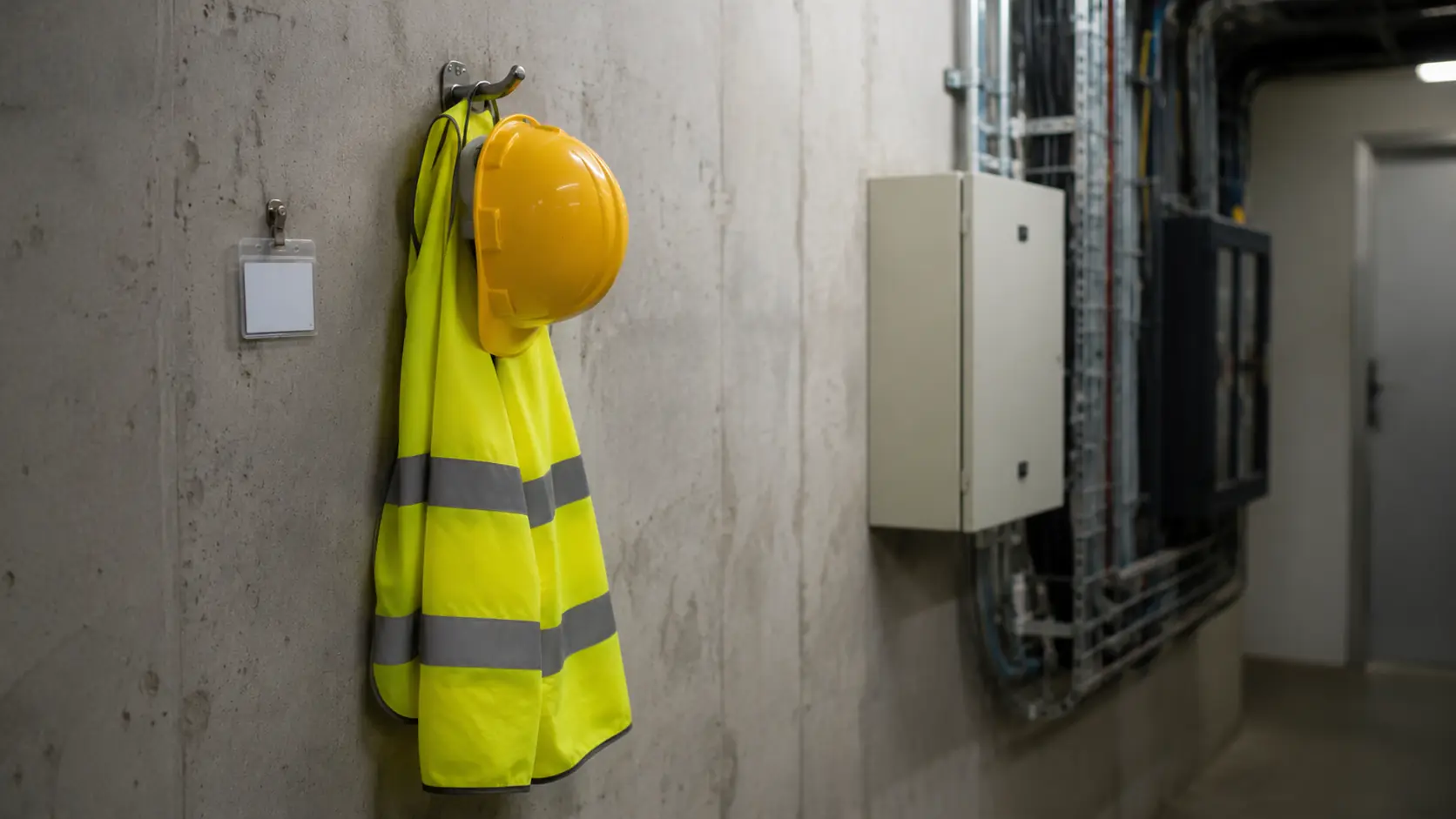 Gilet haute visibilité et casque de chantier suspendus près d’un porte-badge vide, tableau électrique en arrière-plan