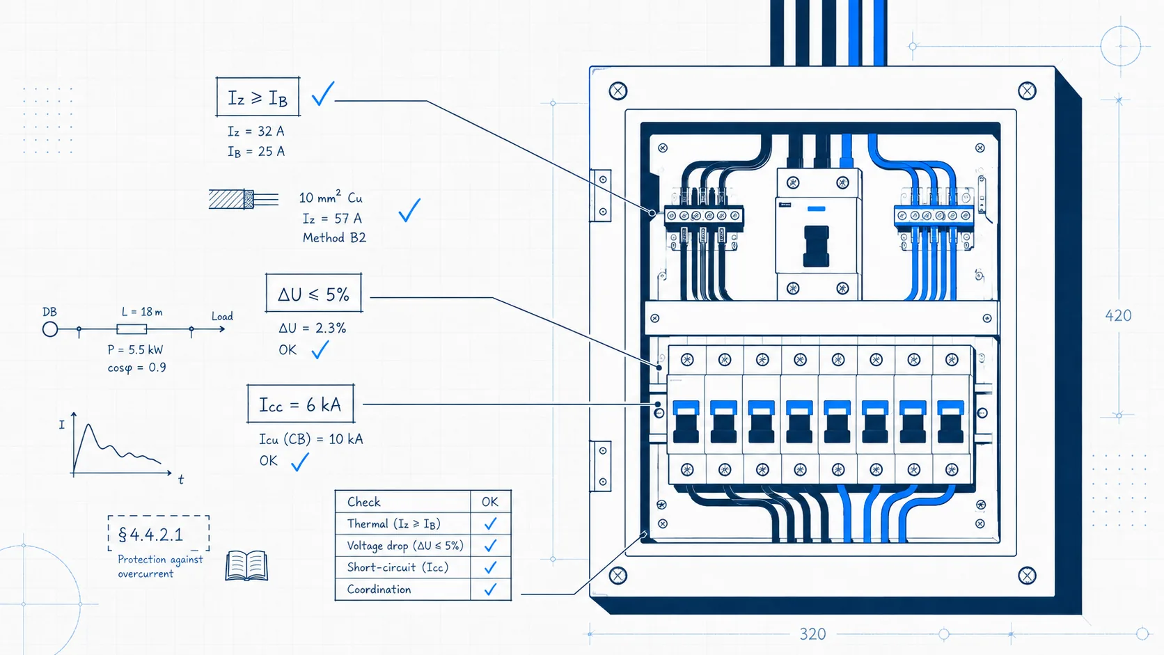 Illustration d'un tableau électrique avec ses protections, symbolisant la note de calcul RGIE