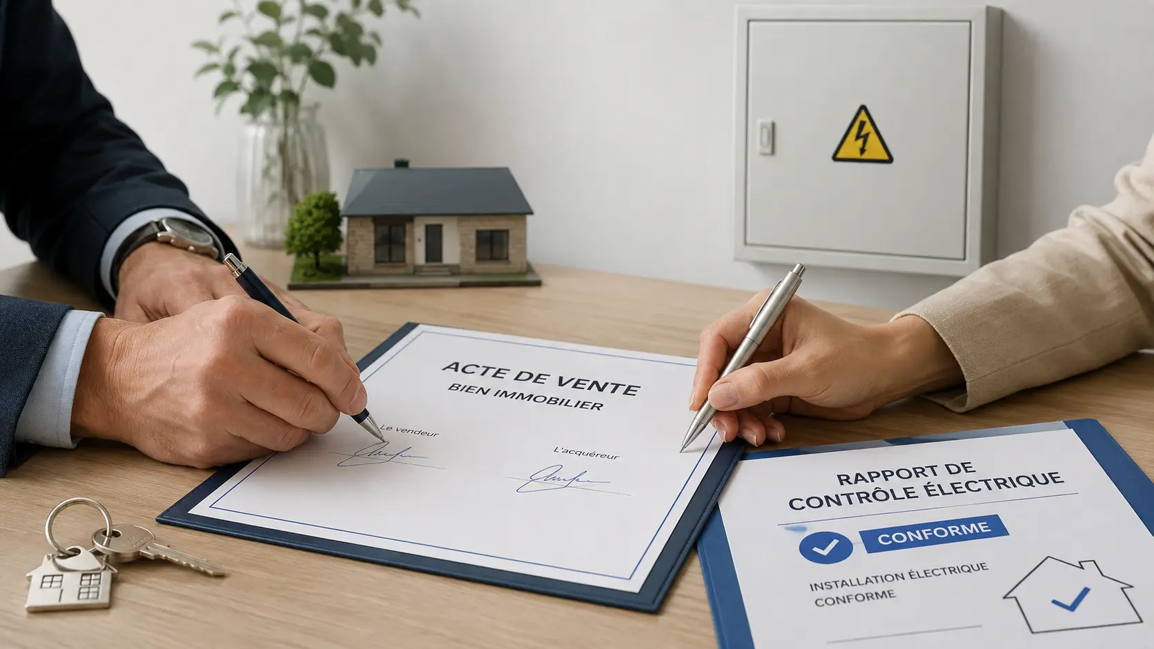 Remise de clés lors d’une vente immobilière, avec un rapport de contrôle électrique RGIE accompagnant l’acte
