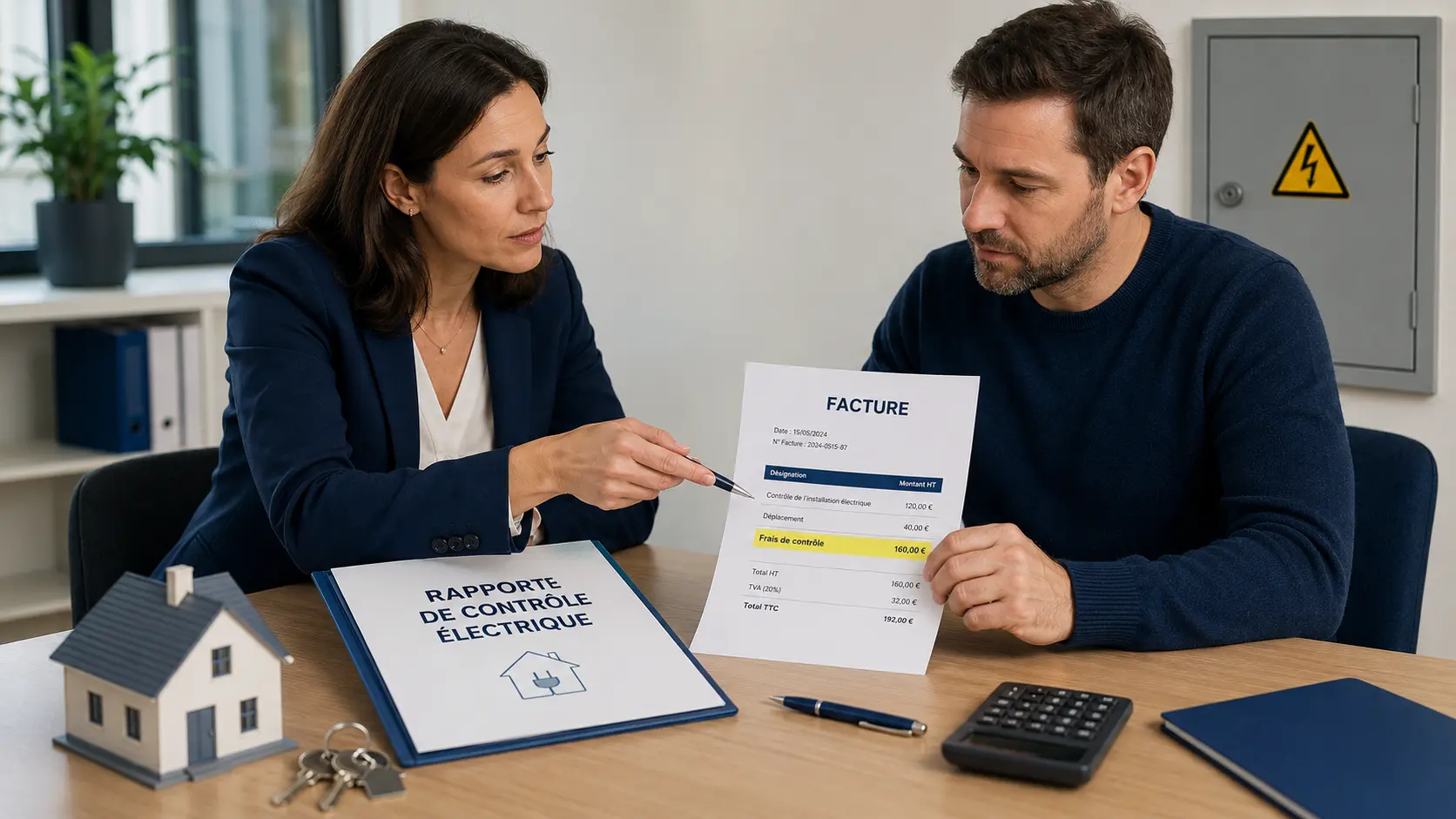 Vendeur et acheteur devant une maison, avec un rapport de contrôle électrique et la question de qui en assume le coût
