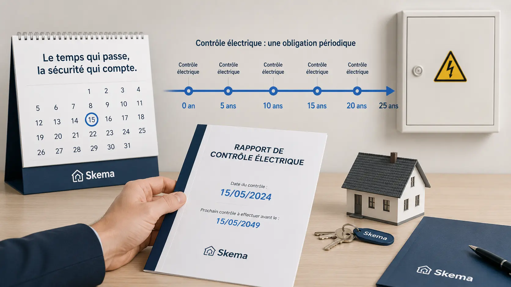 Calendrier sur 25 ans relié à un rapport de contrôle électrique, illustrant la périodicité RGIE plutôt qu’une date d’expiration