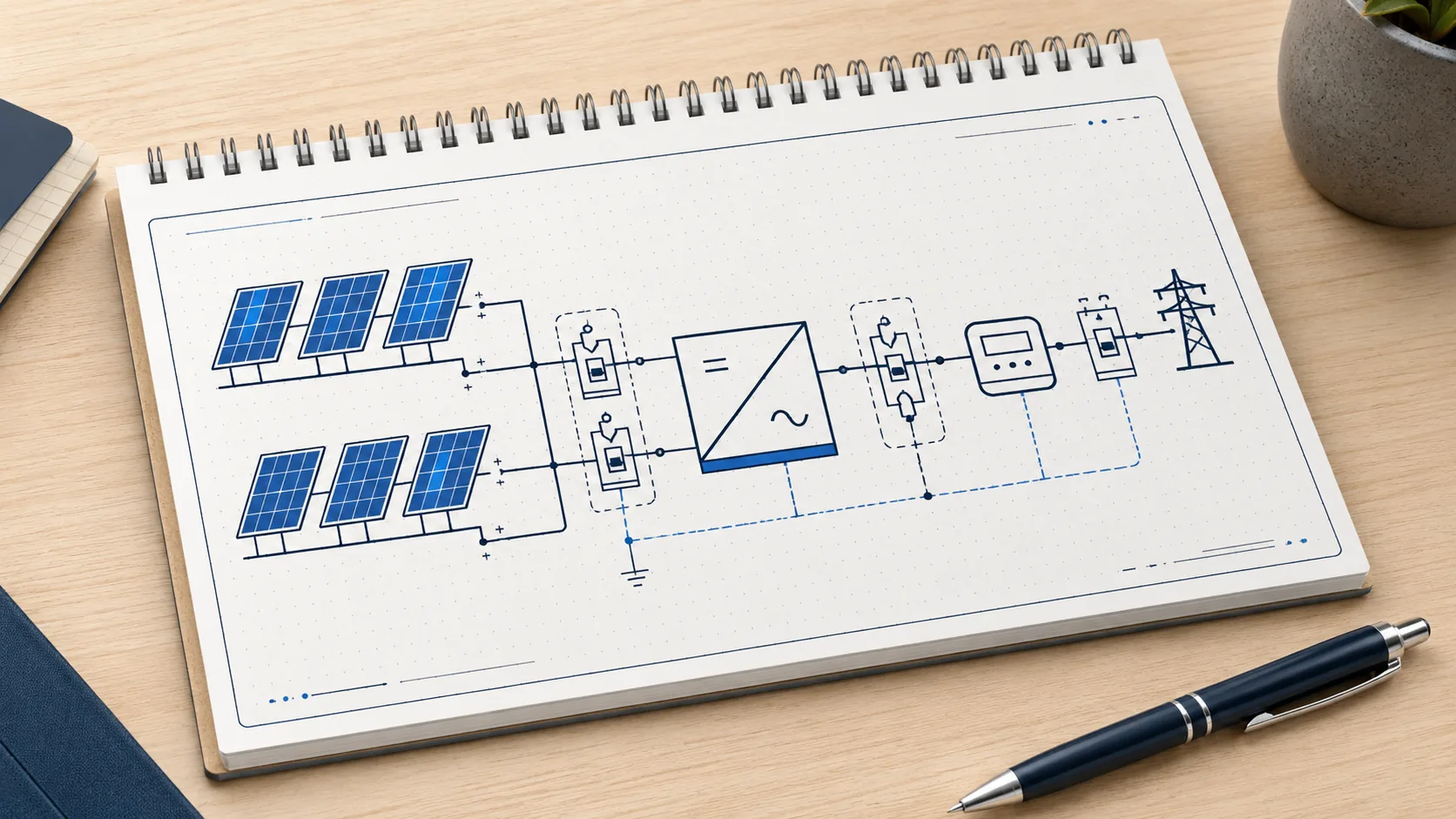 Exemple de schéma unifilaire photovoltaïque montrant les panneaux, l'onduleur et le raccordement au tableau