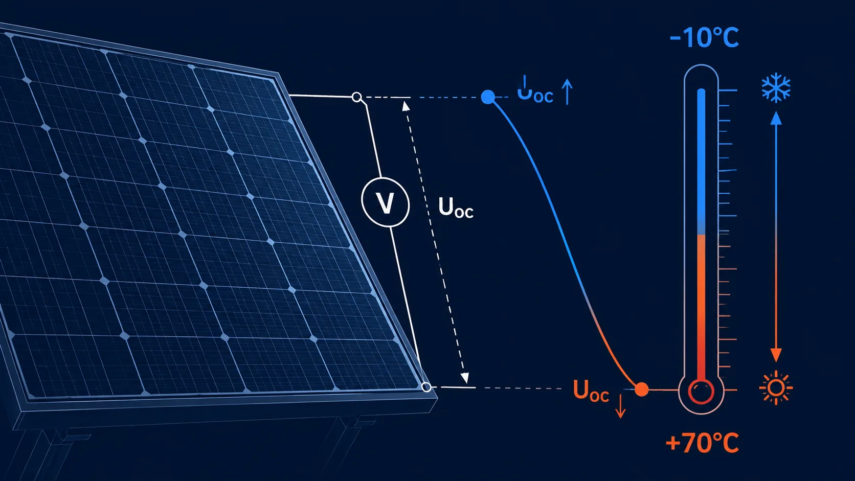 Illustration du calcul de tension à vide (Uoc) d'une chaîne photovoltaïque selon la température des panneaux