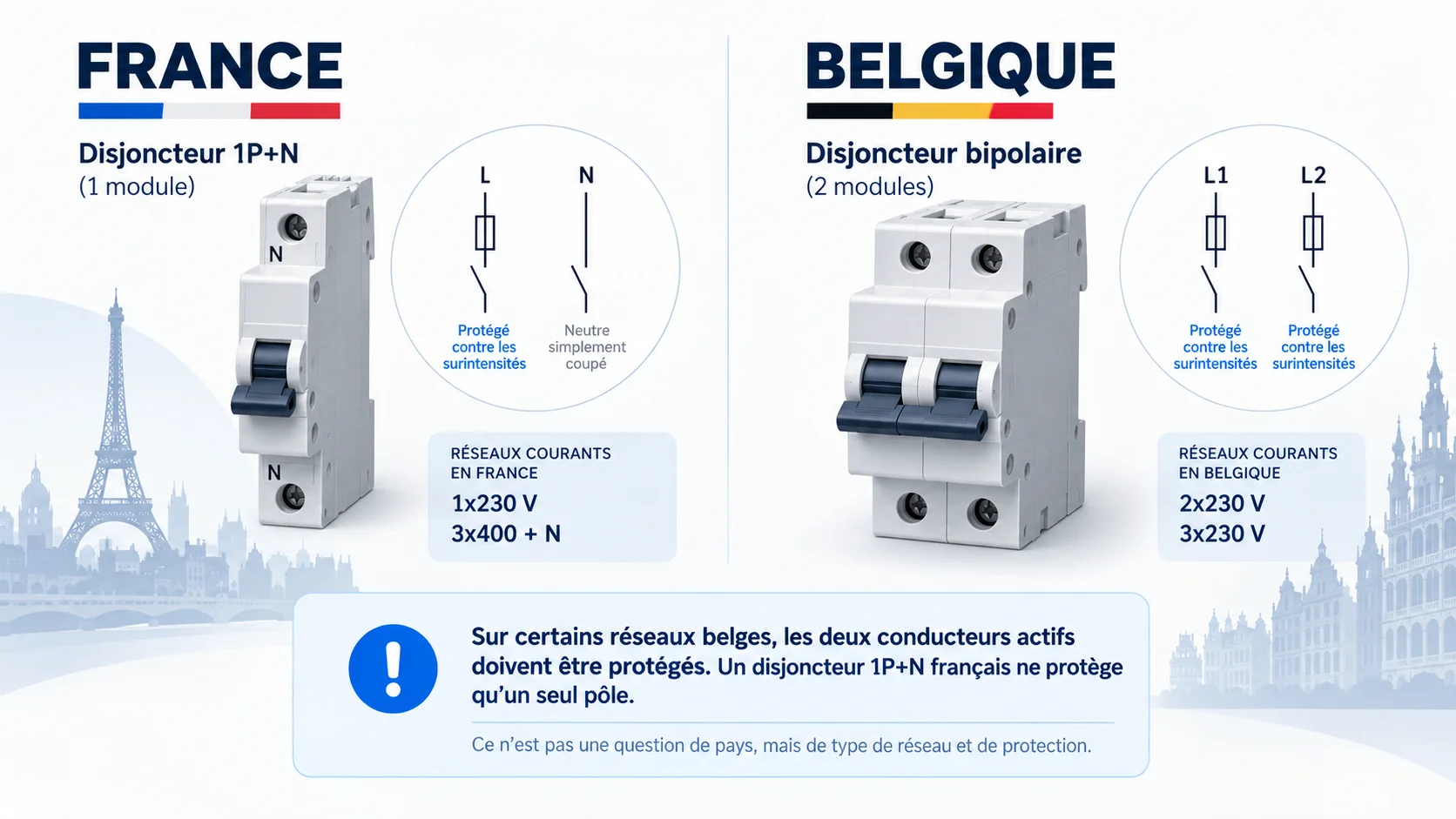 Comparaison entre un disjoncteur français 1P+N et un disjoncteur bipolaire adapté à certains réseaux belges