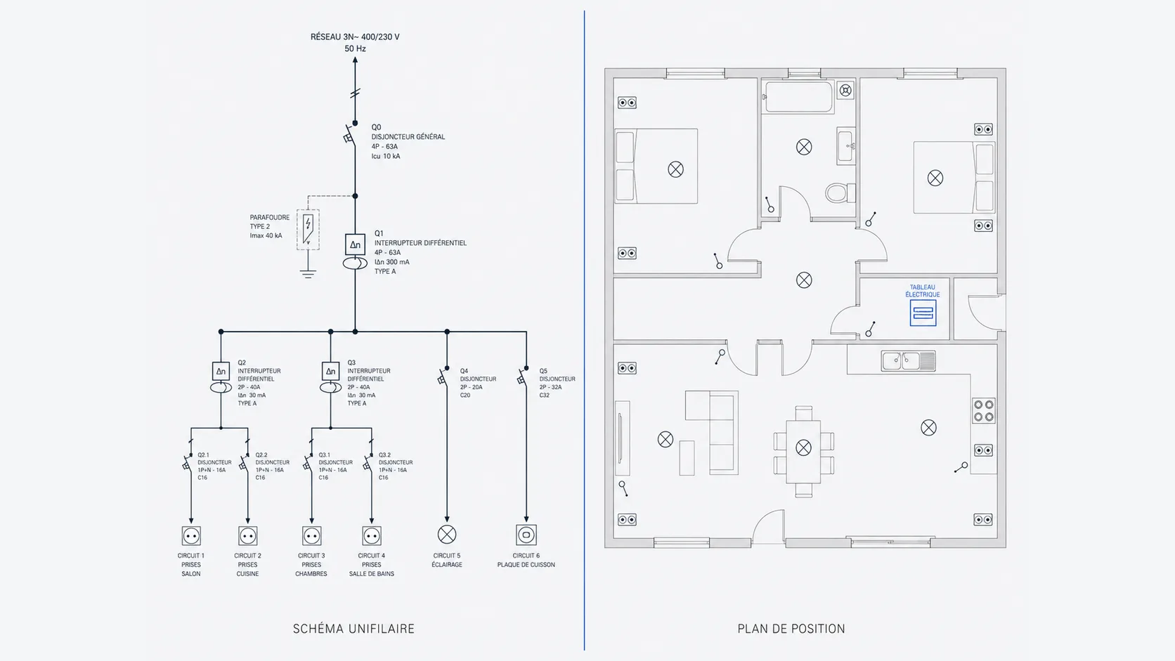 Illustration comparant un schéma unifilaire (symboles électriques en topologie logique) et un plan de position (emplacement physique sur plan d'étage)