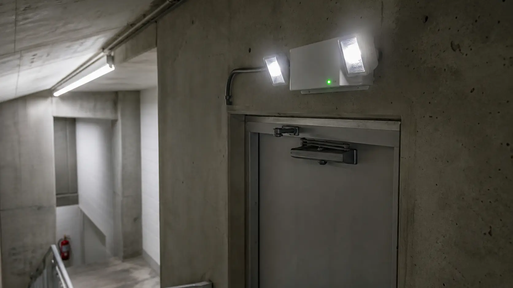 Bloc autonome d’éclairage de sécurité allumé au-dessus d’une porte de sortie de secours, cage d’escalier en béton