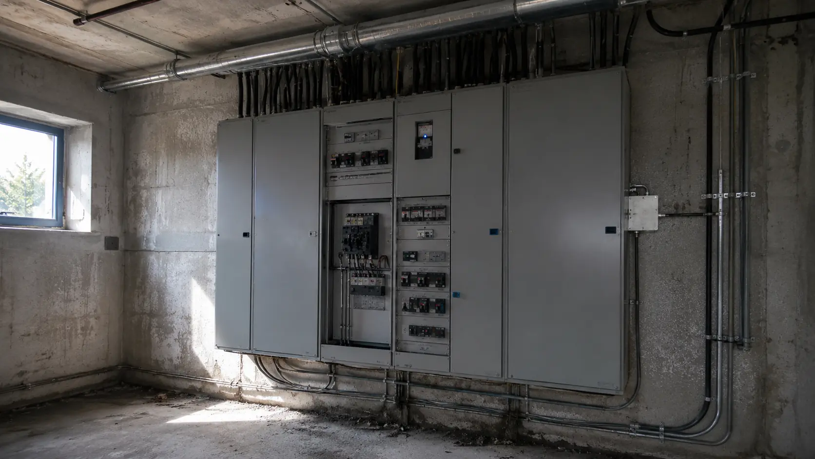 Armoire électrique industrielle sur mur en béton brut, câblage apparent au plafond