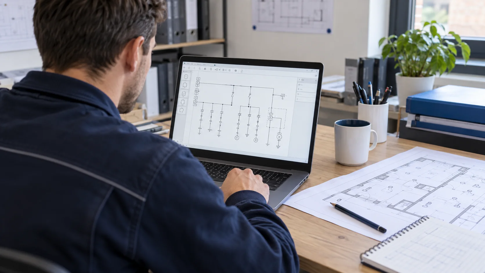 Électricien travaillant sur un schéma unifilaire à l’ordinateur avec un plan de position sur son bureau