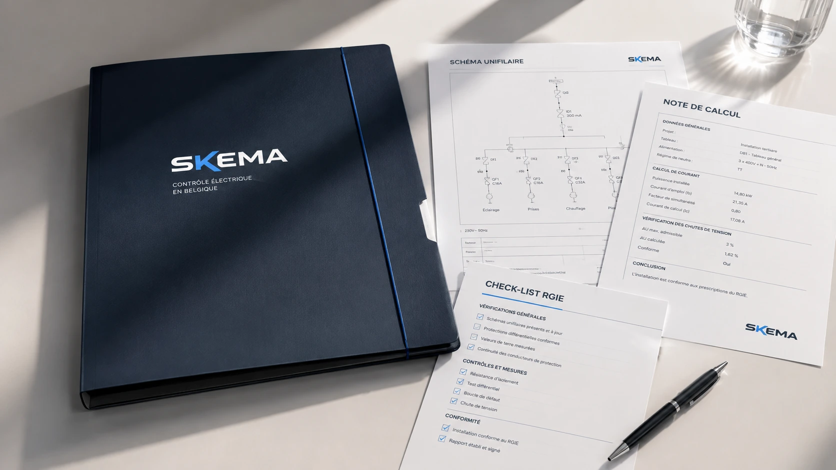 Technisch elektrisch dossier — schema's en AREI-documenten op een navy map