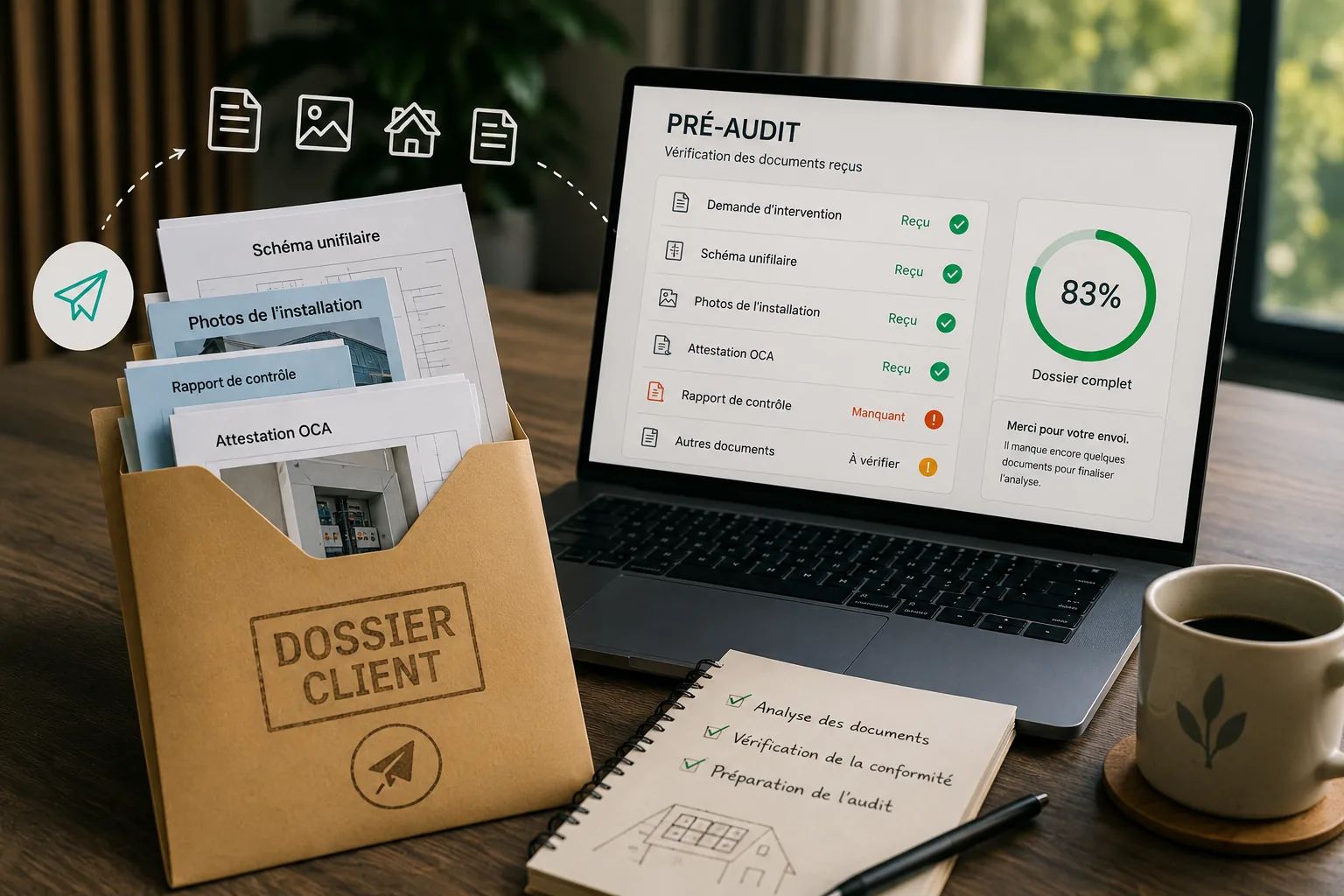 Contrôleur agréé vérifiant un dossier électrique avant contrôle — documents et schémas sur table