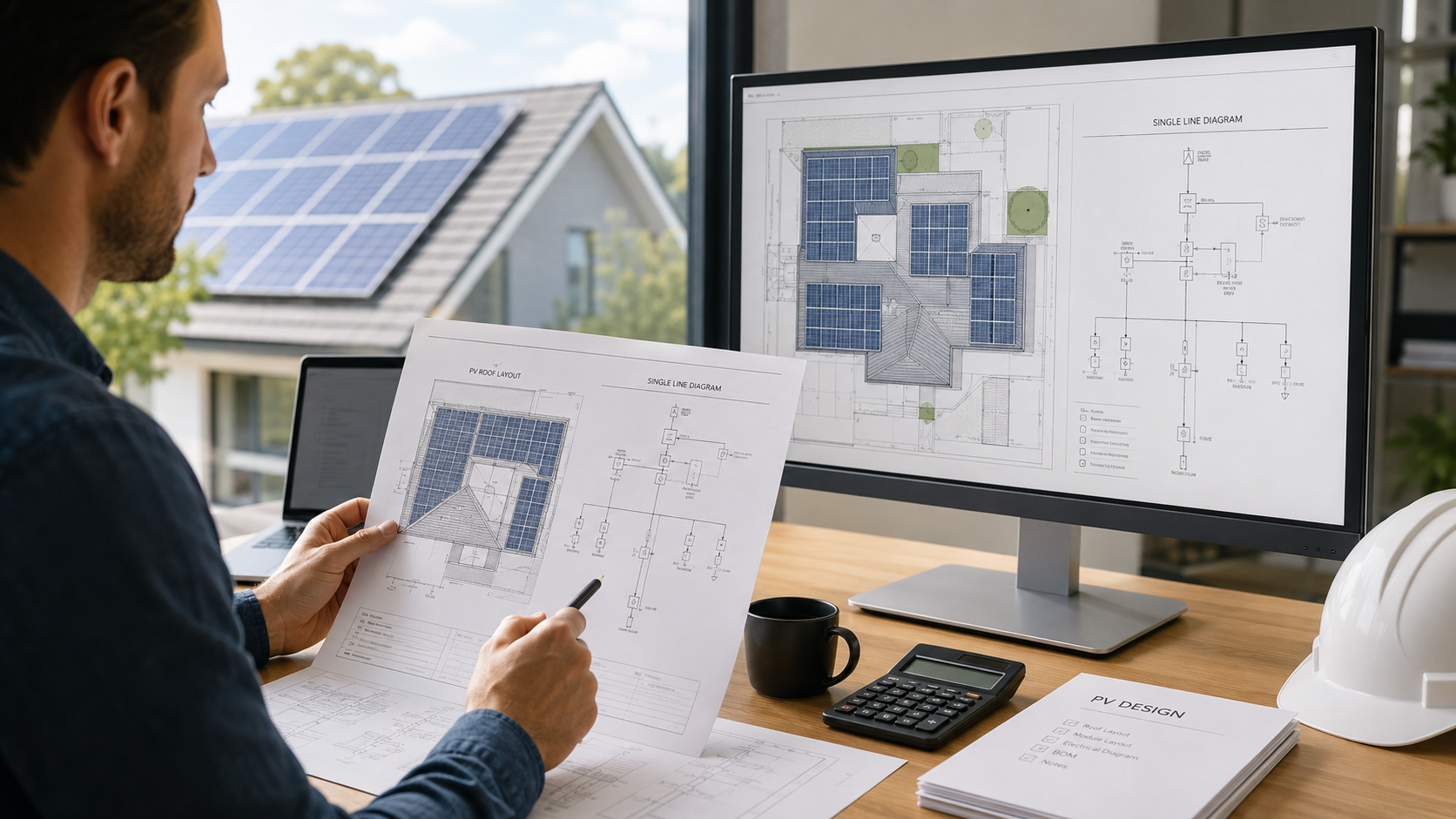 Contrôleur agréé examinant le plan de position et le schéma unifilaire d'une installation photovoltaïque